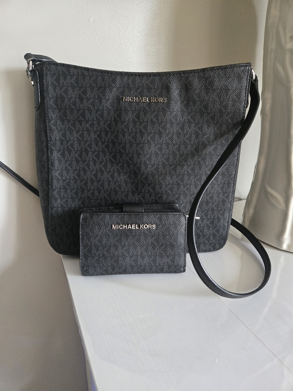 Michael Kors Black Logo Crossbody & Wallet Set with Gold Hardware - Picture 1 of 1
